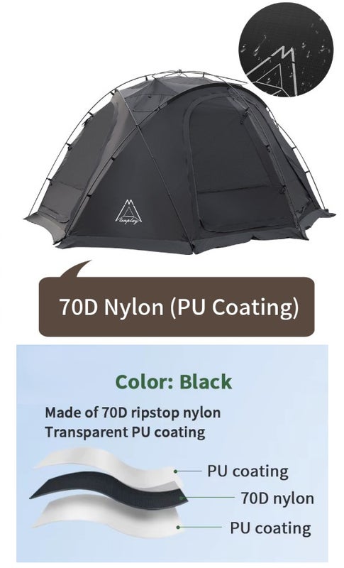 Materiaali 70D Nylon PU pinnoitteella, pinnoite teltan ulko sek&auml; sis&auml;pinnalla