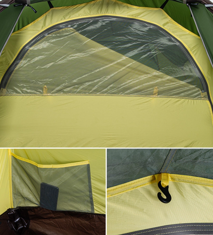 Tasku tavaroille, koukku katossa telttalampulle. Verkkoikkunan saa halutessaan suljettua.