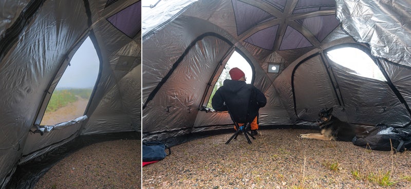 Teltassa my&ouml;s sis&auml;puolella lumiliepeet. Erikseen asennettava lattia tulee n&auml;iden liepeiden p&auml;&auml;lle, kiinnitys helposti klipseill&auml;.  S&auml;&auml;sket ei p&auml;&auml;se telttaan lattiankaan kautta.